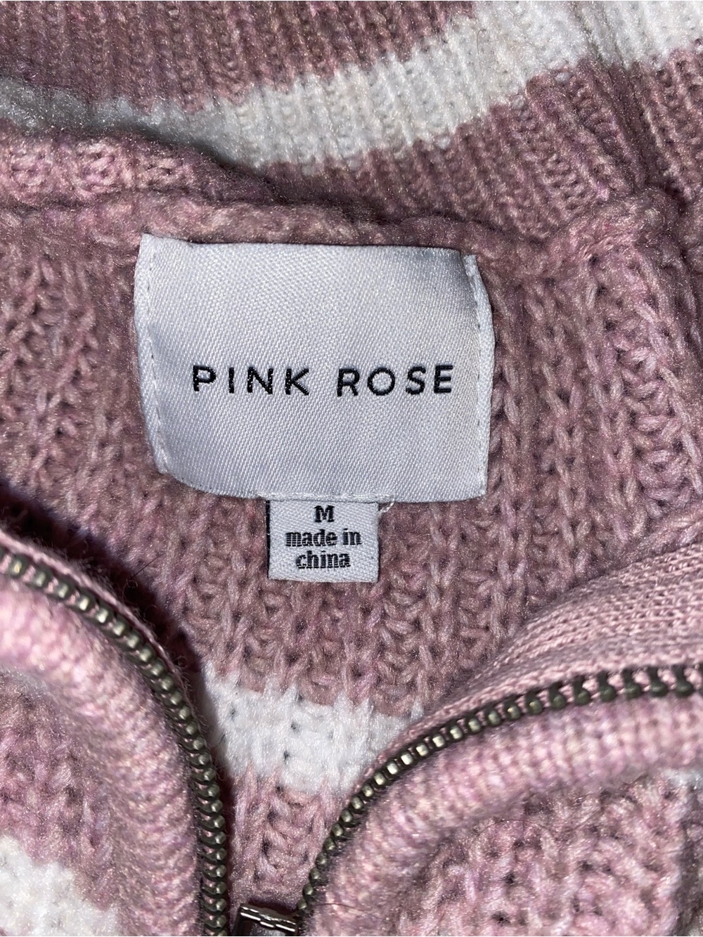 Pink Rose Striped Half-Zip Cowl Sweater in Dusty Pink & Cream - Picture 3 of 4